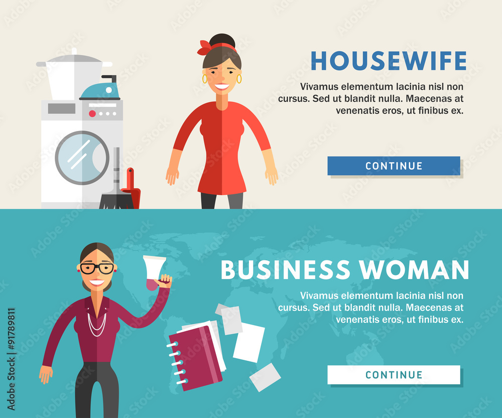 Profession Concept. Business Woman and Housewife. Flat Design Concepts for Web Banners and Promotional Materials Profession Concept. Business Woman and Housewife. Flat Design Concepts for Web Banners and Promotional Materials