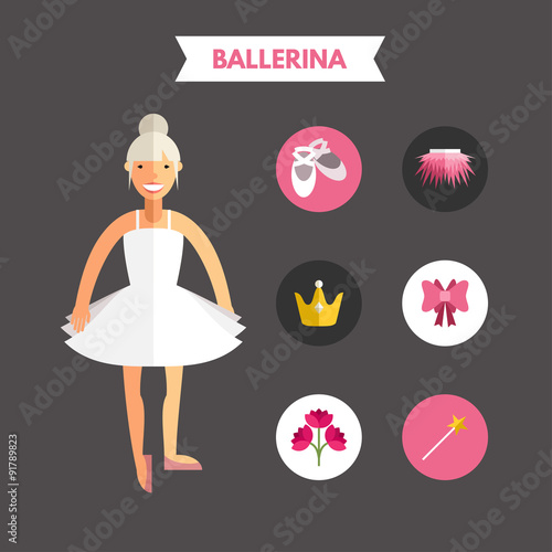 Flat Design Vector Illustration of Ballerina with Icon Set. Infographic Design Elements