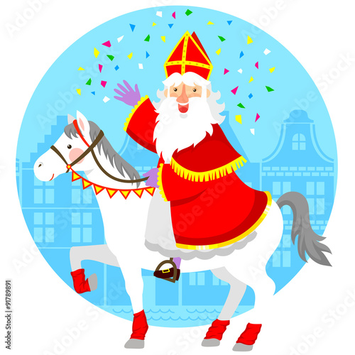 cartoon Sinterklaas or St. Nicholas riding his horse