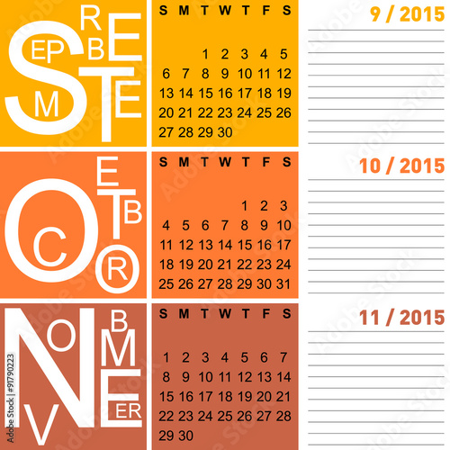 jazzy seasonal calendar autumn 2015 including september, october, november, vector, eps10