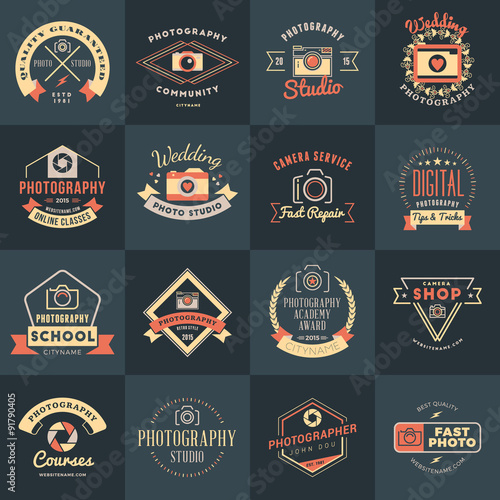 Vector Set of Photography Logo Design Templates. Photography Retro Vintage Badges and Labels.  Wedding Photography. Photo Studio. Camera Shop. Photography Community
