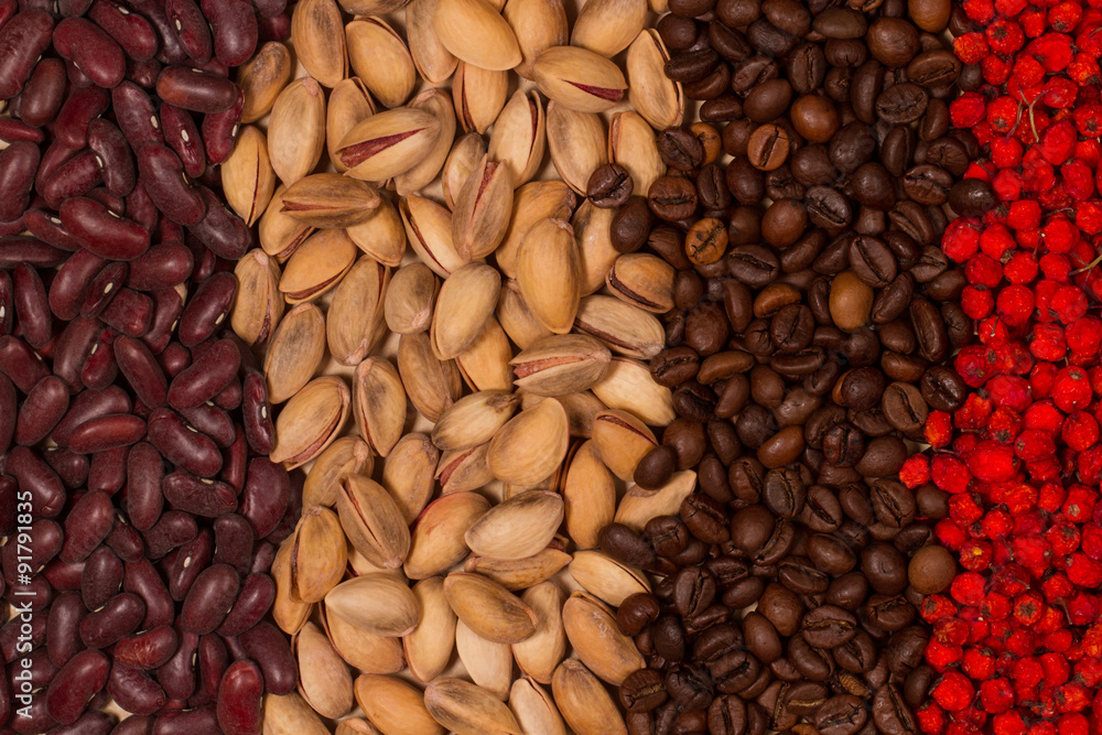 red beans, pistachios, roasted coffee beans and dried rowan berries red beans, pistachios, roasted coffee beans and dried rowan berries