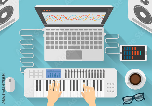 Workplace of modern music artist. Flat design illustration of dj creative process.