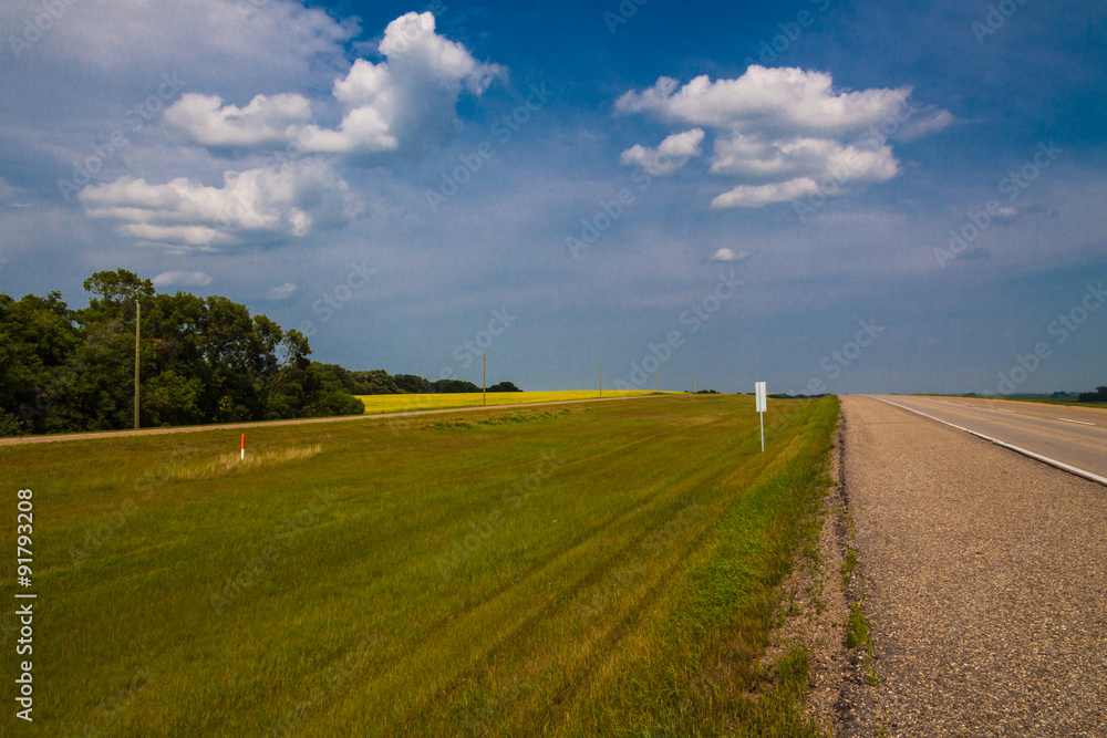 Obraz premium road through flat terrain with blue sky and green grass