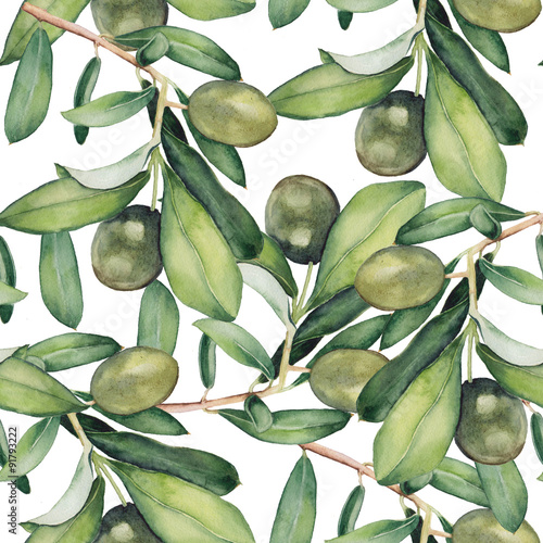 watercolor seamless background with green olive branches. original floral pattern