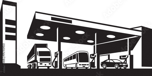  Vehicles at gasoline station - vector illustration