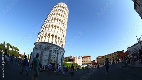 Pan Shot Tourist Visiting Famous Place Pisa Tower at Square of Miracles (Torre di Pisa at Piazza dei Miracoli) at Tuscany Italy