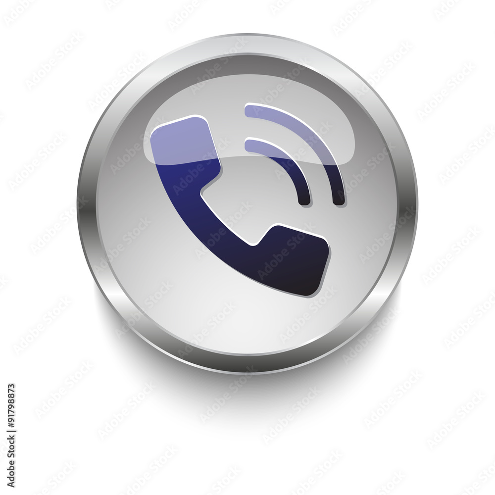 Phone dark blue vector icon on a glossy glass button with chrome