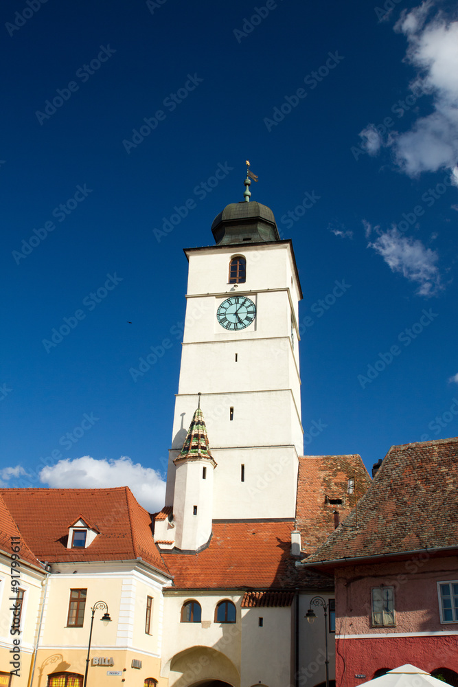 Clock tower in the the center of Sibiu, city designated the European Capital of Culture for the year 2007. Sibiu, Romania on 09 September 2015