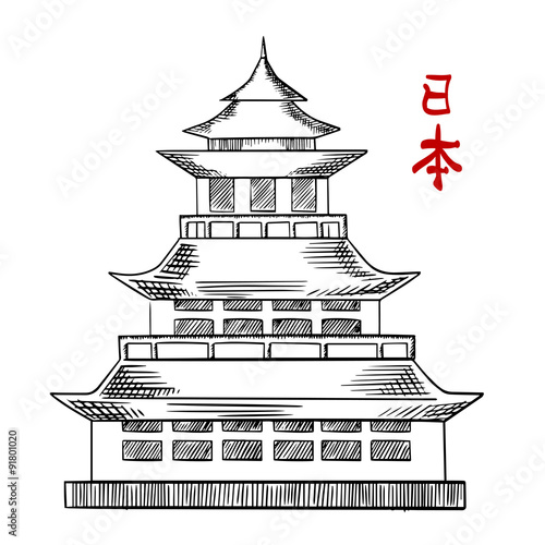 Fotografie, Obraz Japanese old pagoda tower sketch