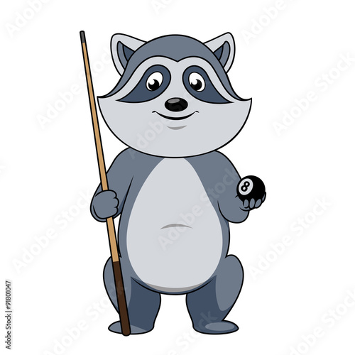 Raccoon billiards player with ball and cue