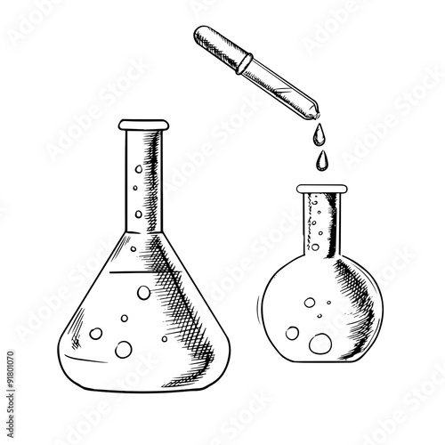 Dropper and laboratory flasks sketch