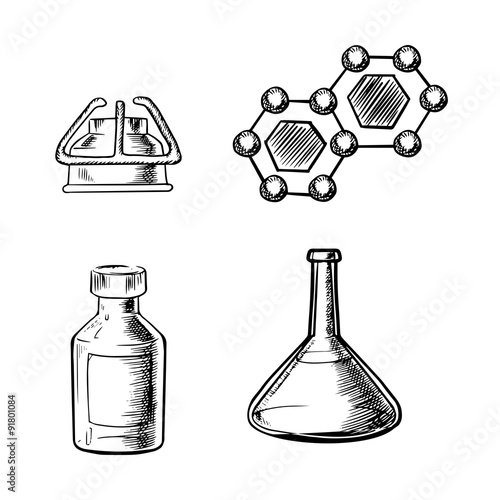 Flask, burner, bottle and molecule icons sketch