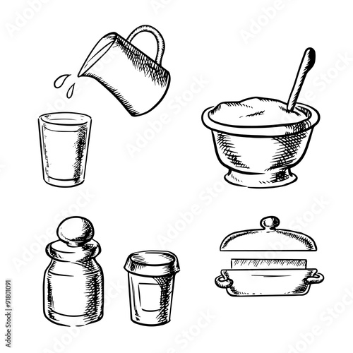 Dough, butter, milk, flour and spices sketch