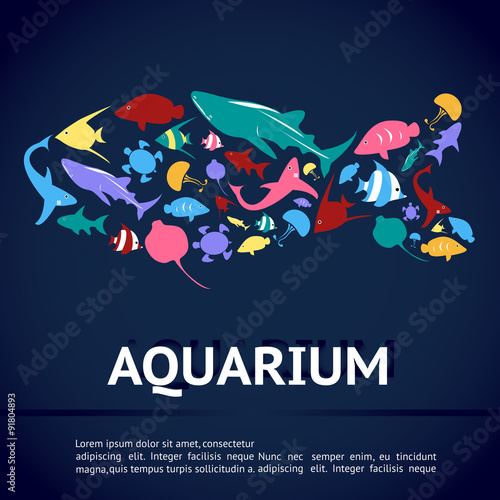 Aquarium infographic banner template layout with marine animal icon such as shark, sea turtle, jellyfish, ray, butterfly fish, angel fish in fish shape in deep blue water background (vector) 