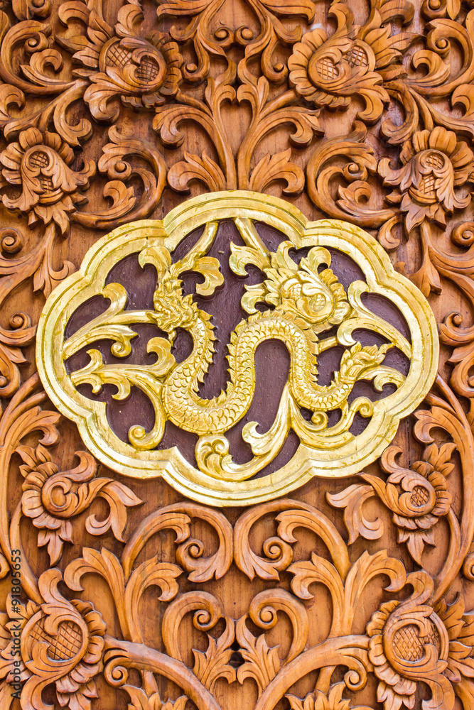 Naga wood Carving Wall sculptures in thai temple