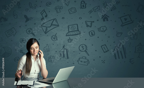 businesswoman with media icons background
