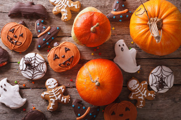 Beautiful gingerbread for Halloween and pumpkin. horizontal  top view
