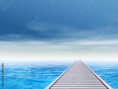 Conceptual wood deck pier on sea water