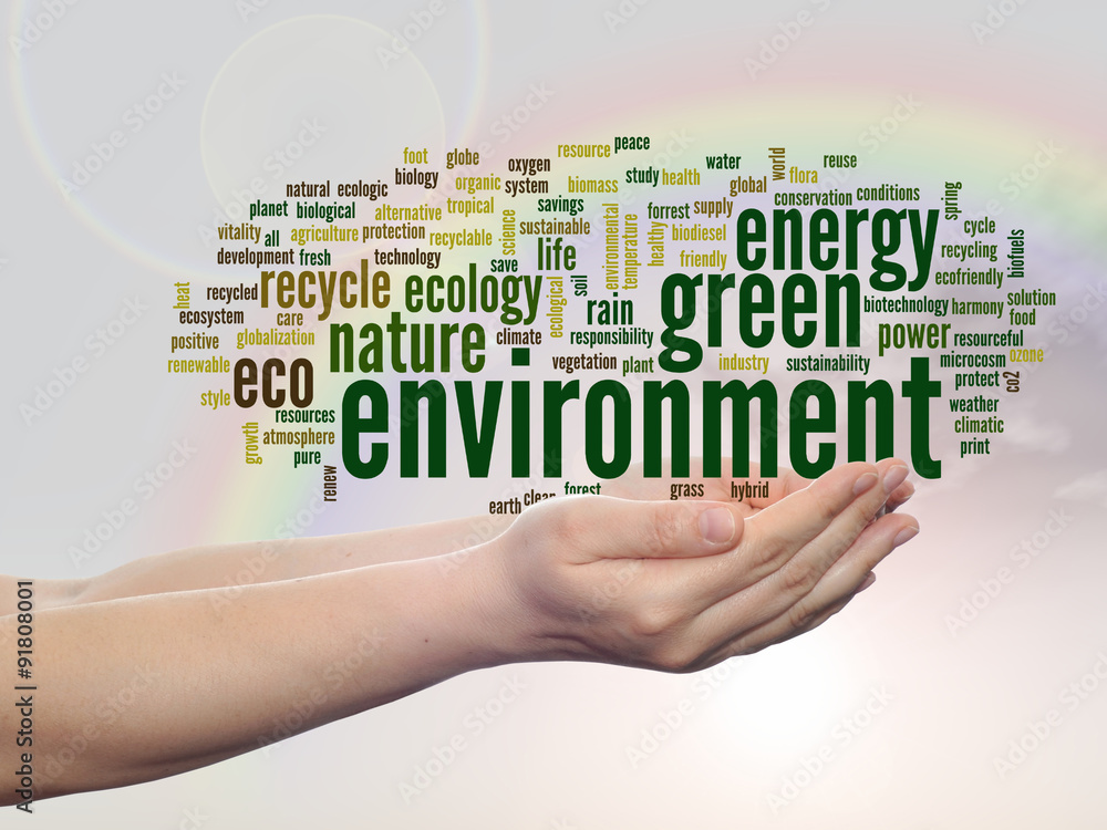 Conceptual ecology word cloud over rainbow Conceptual ecology word cloud over rainbow