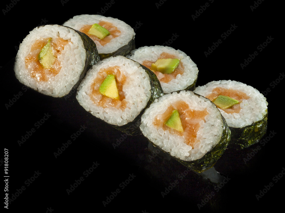 hosomaki sushi with smoked salmon, avocado and rice hosomaki sushi with smoked salmon, avocado and rice