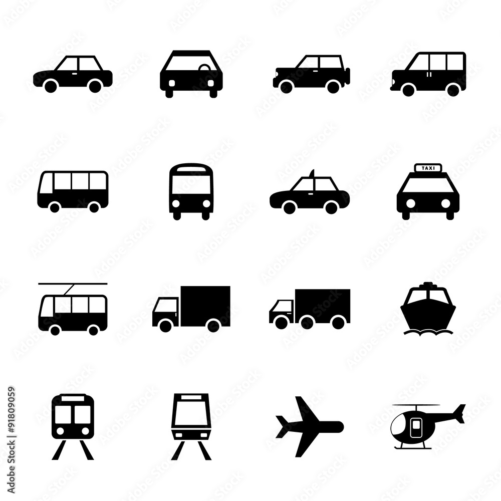 Vehicle and Transportation icons set. Car icon. Plubic bus icon. Vehicle and Transportation icons set. Car icon. Plubic bus icon.