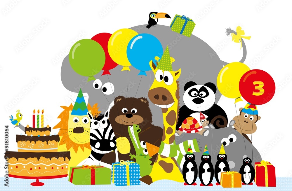 Naklejka premium 3 birthday party - group of wild animals with balloons and birthday cake