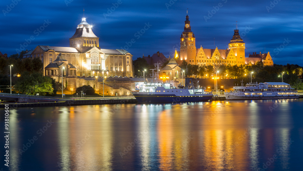 Obraz premium Night panorama terraces Haken in Szczecin, Poland