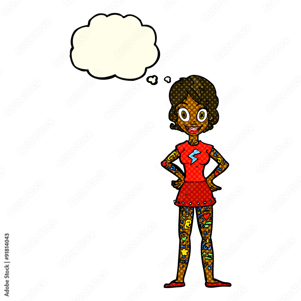 cartoon woman with heavy tattoos with thought bubble cartoon woman with heavy tattoos with thought bubble
