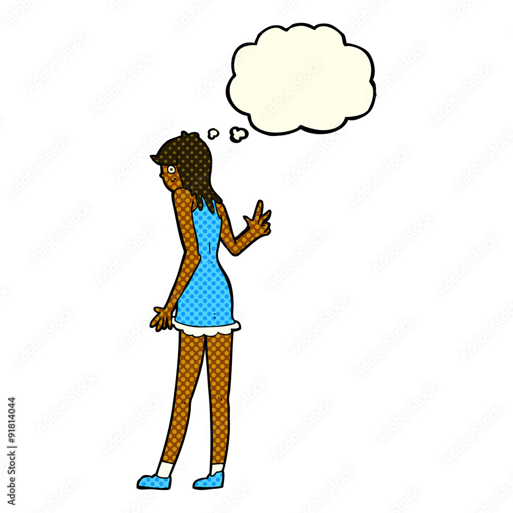 cartoon woman waving with thought bubble cartoon woman waving with thought bubble