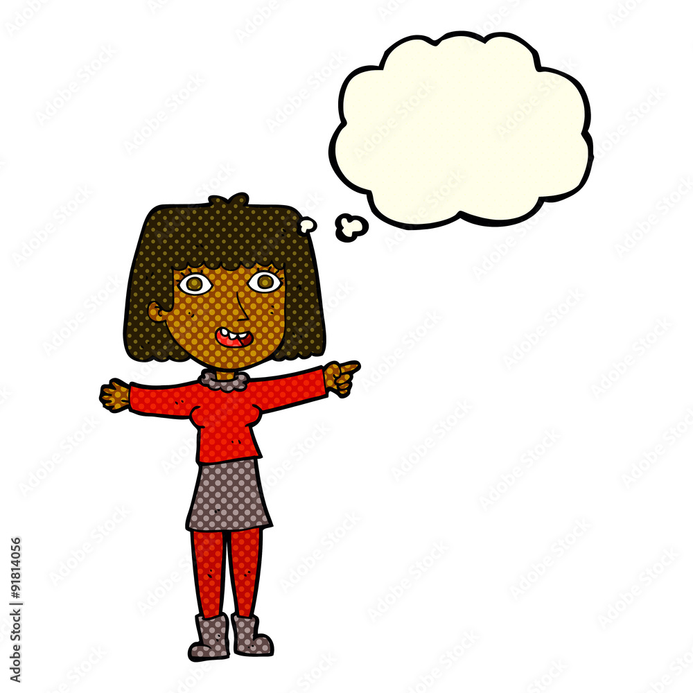 cartoon happy woman pointing with thought bubble cartoon happy woman pointing with thought bubble