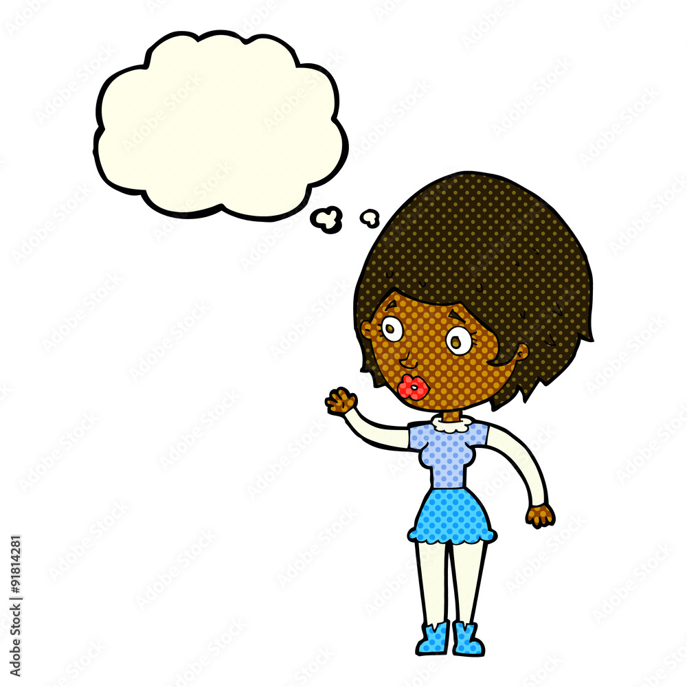 cartoon woman waving with thought bubble cartoon woman waving with thought bubble