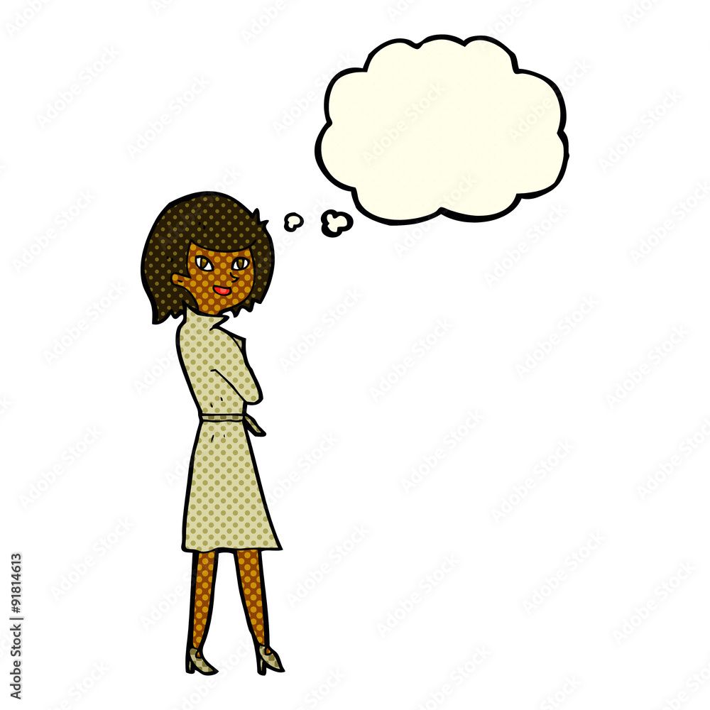 cartoon woman in trench coat with thought bubble cartoon woman in trench coat with thought bubble