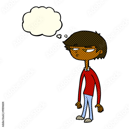cartoon suspicious boy with thought bubble