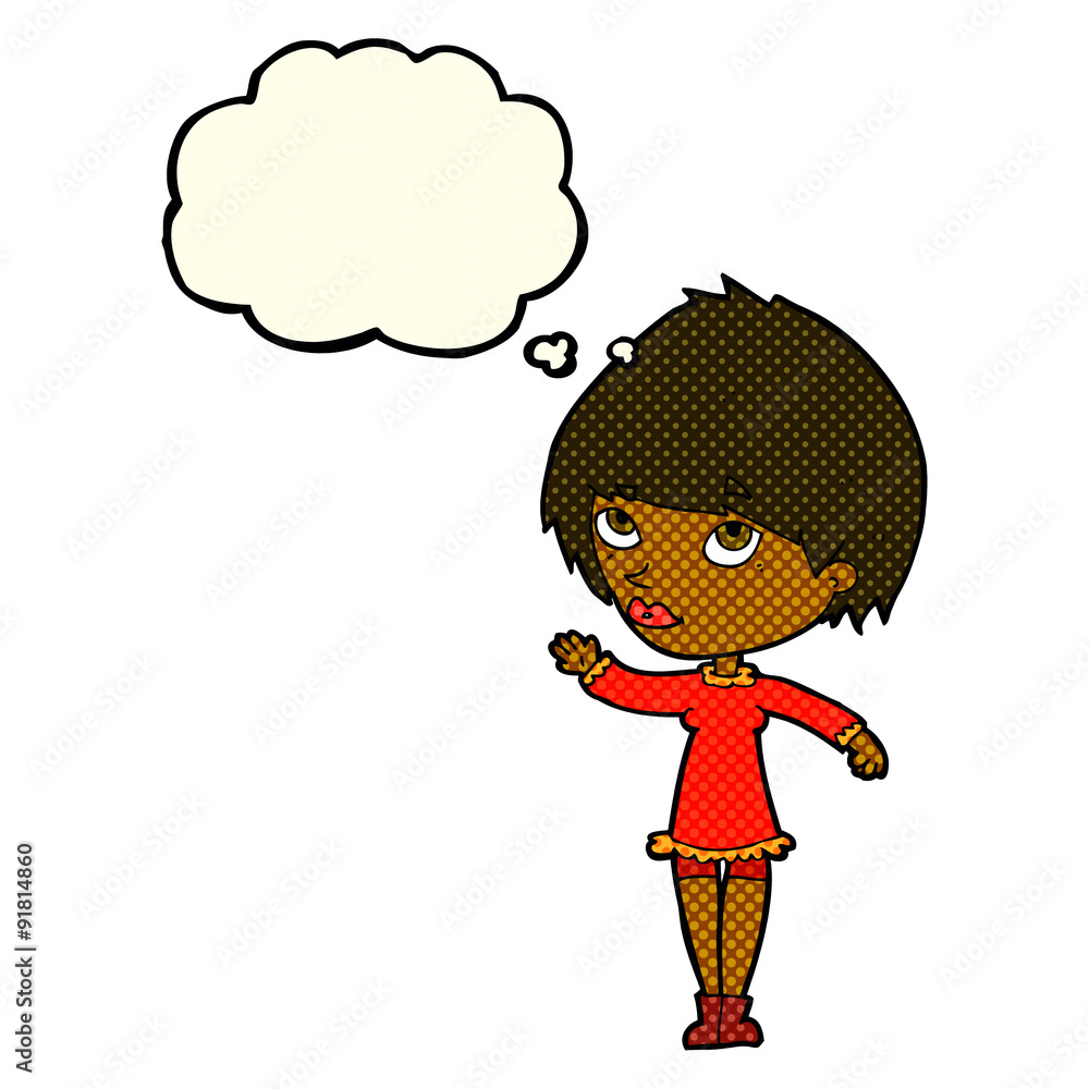 cartoon woman waving with thought bubble cartoon woman waving with thought bubble