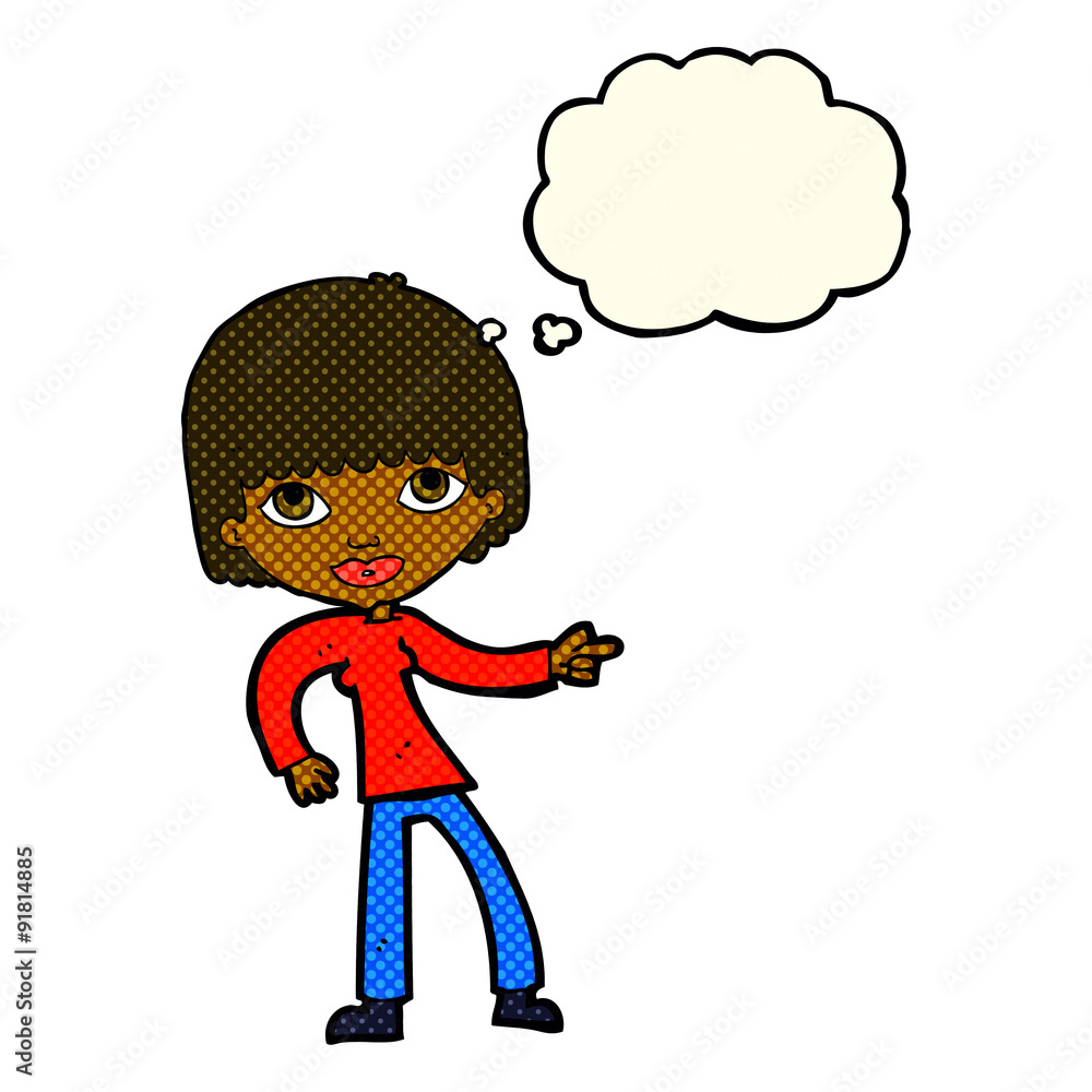 cartoon woman pointing with thought bubble cartoon woman pointing with thought bubble