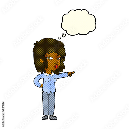 cartoon woman pointing with thought bubble