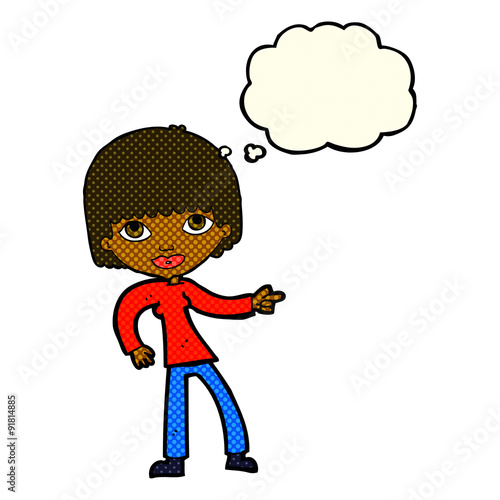 cartoon woman pointing with thought bubble