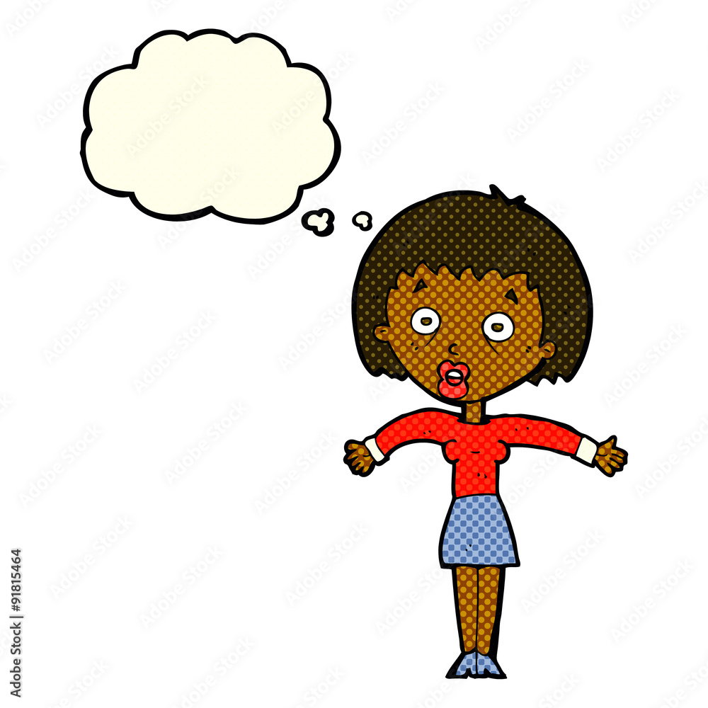 cartoon woman shrugging shoulders with thought bubble cartoon woman shrugging shoulders with thought bubble