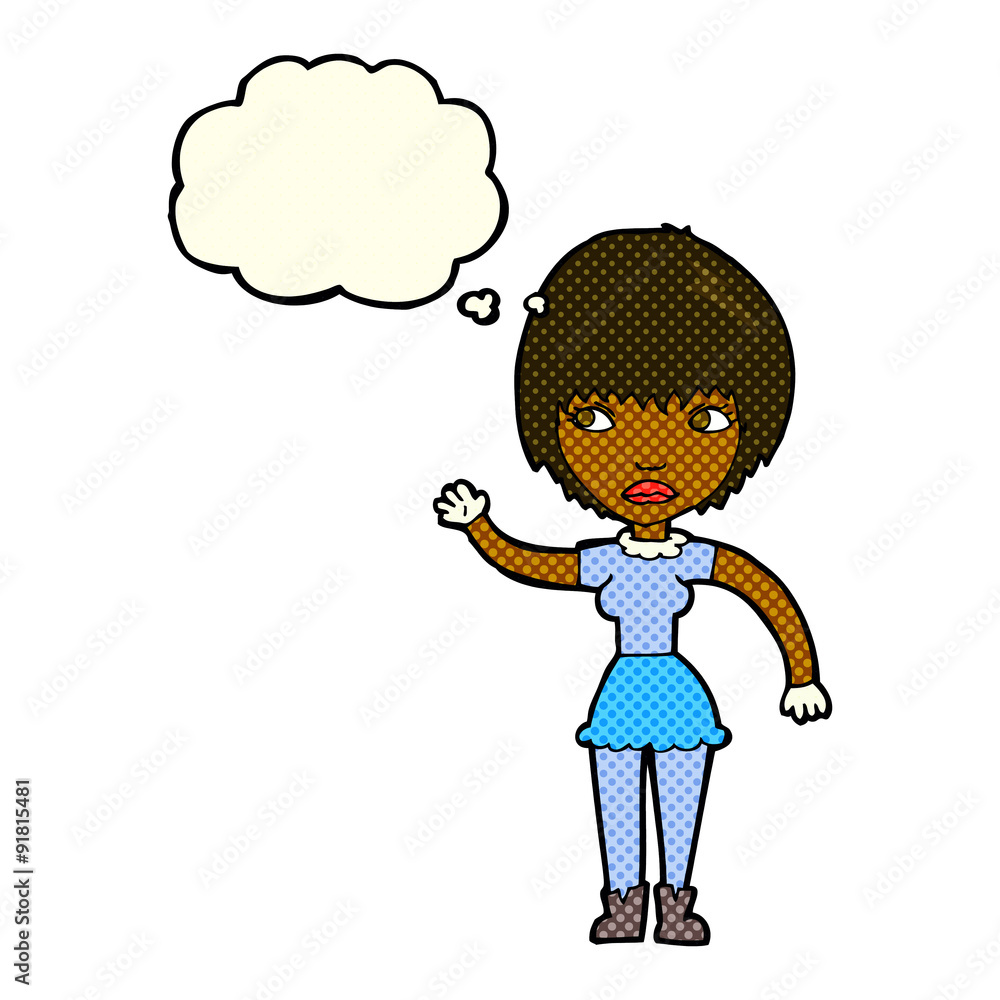 cartoon waving woman with thought bubble cartoon waving woman with thought bubble