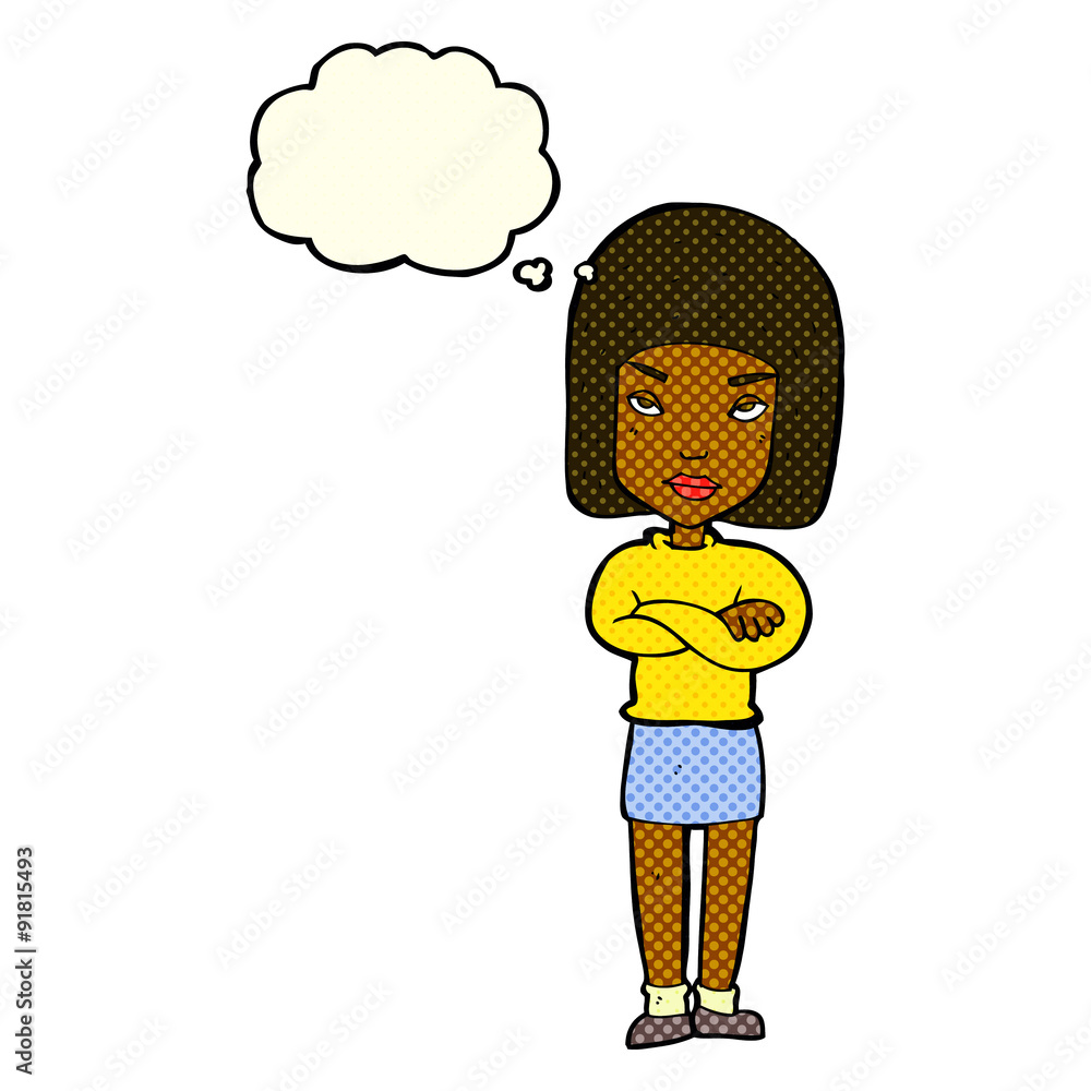 cartoon woman with crossed arms with thought bubble cartoon woman with crossed arms with thought bubble