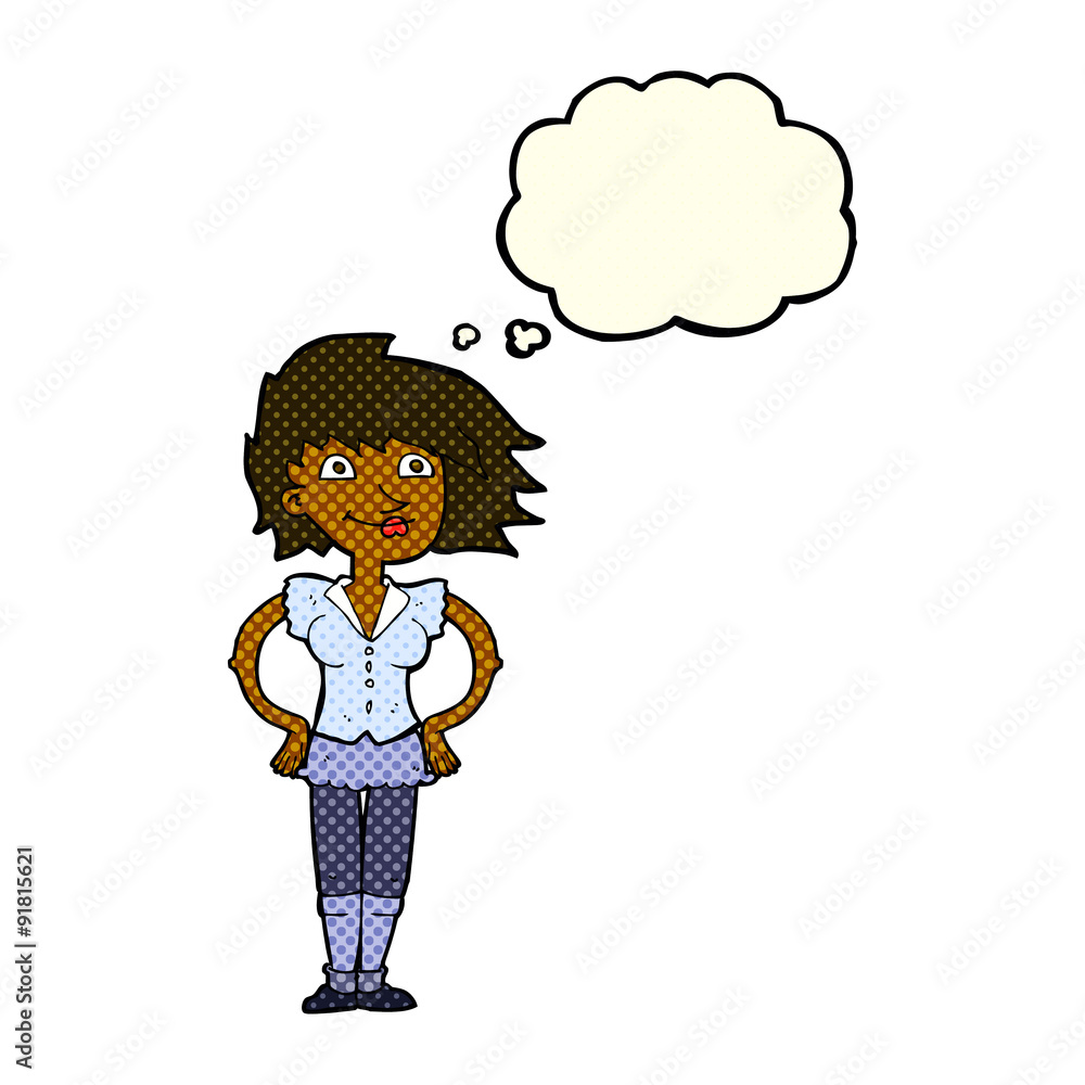 cartoon woman with hands on hips with thought bubble cartoon woman with hands on hips with thought bubble