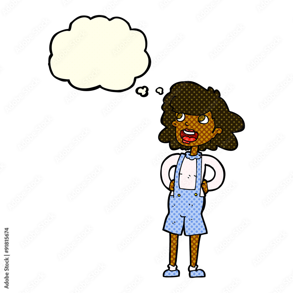 cartoon woman in dungarees with thought bubble cartoon woman in dungarees with thought bubble