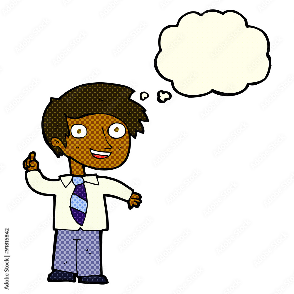 cartoon school boy with idea with thought bubble cartoon school boy with idea with thought bubble