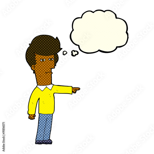 cartoon man blaming with thought bubble