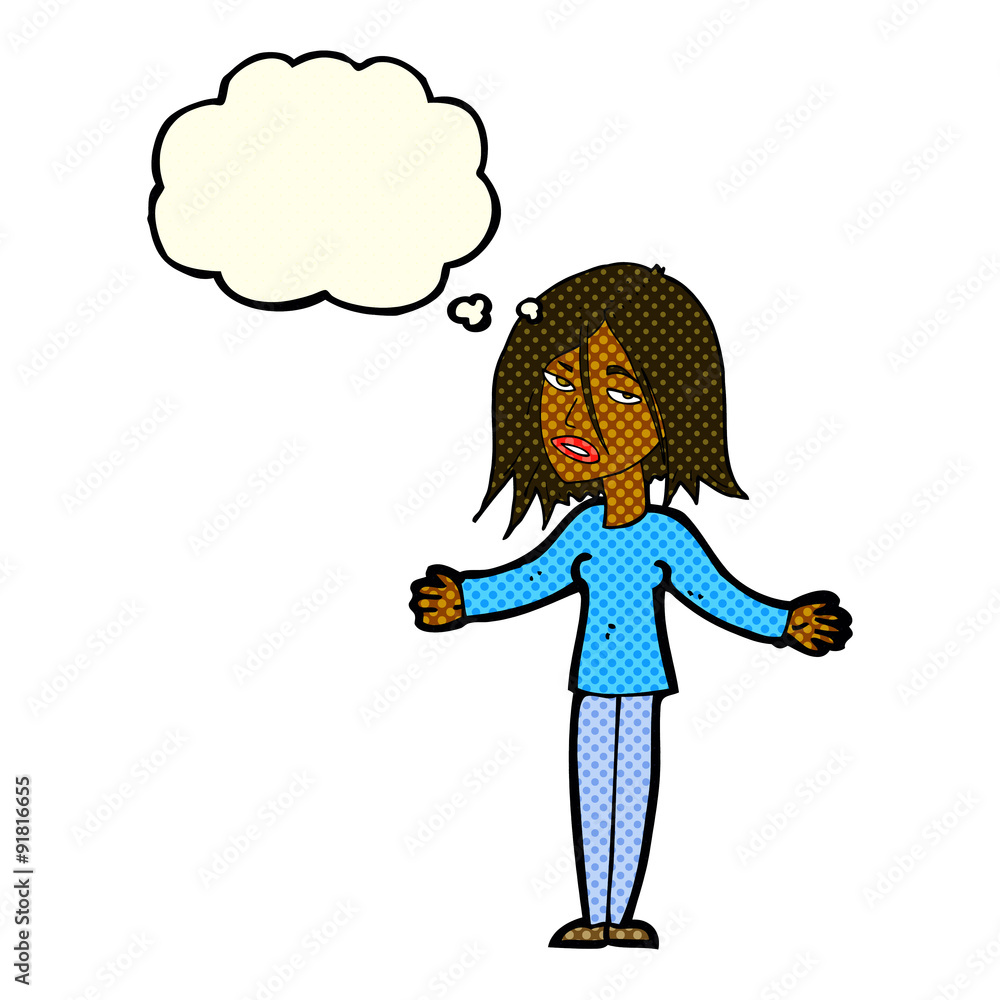 cartoon woman shrugging shoulders with thought bubble cartoon woman shrugging shoulders with thought bubble