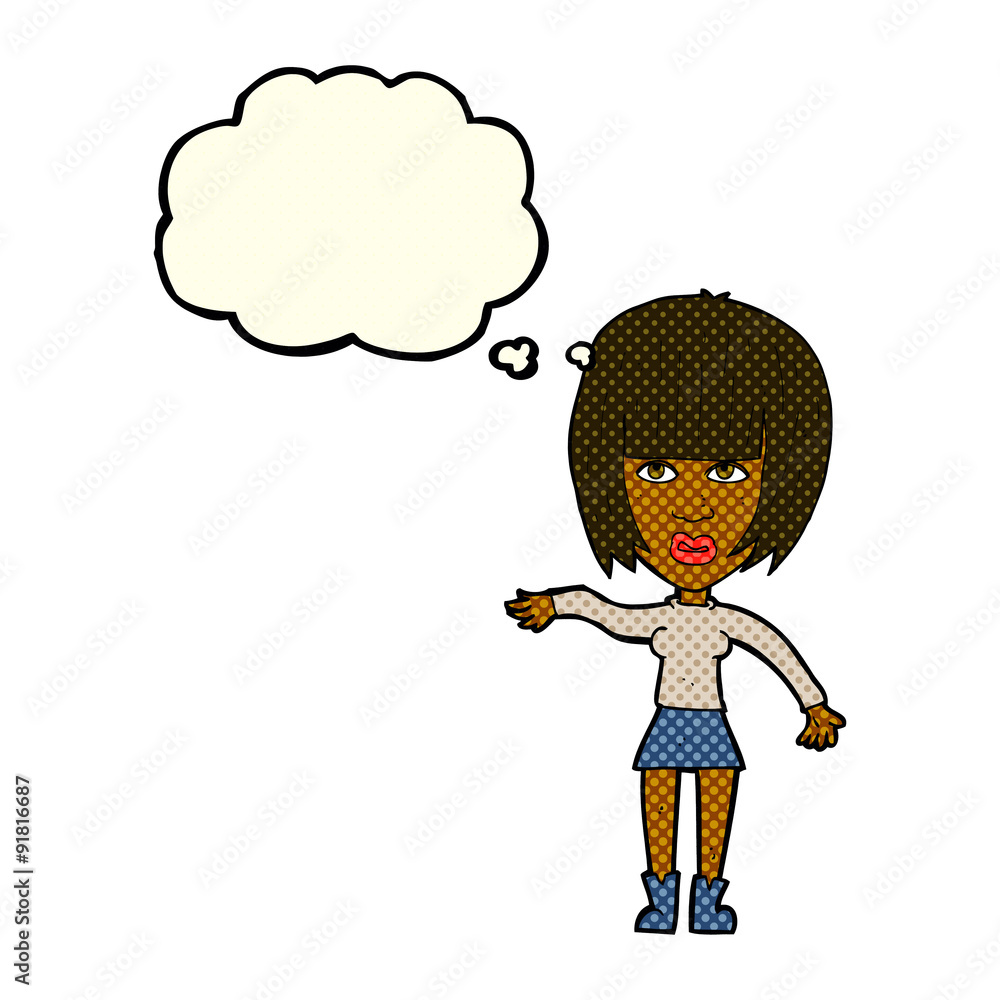 cartoon woman waving away with thought bubble cartoon woman waving away with thought bubble
