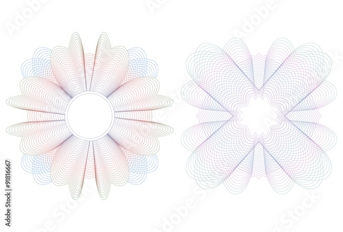 Two decorative guilloche rosettes on a white background.