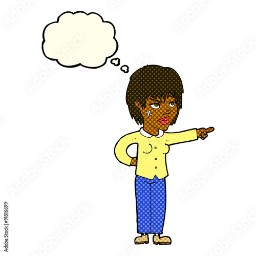 cartoon woman pointing with thought bubble