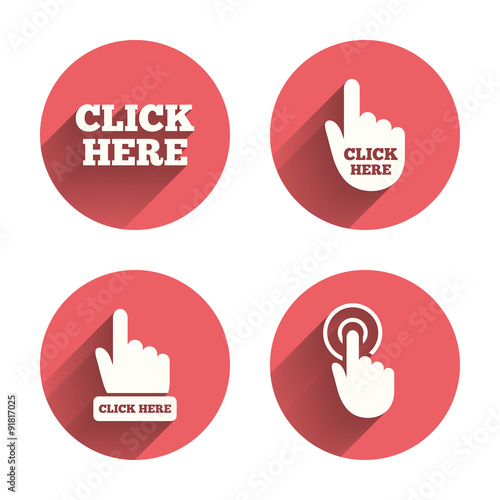 Click here signs. Hand press icons.